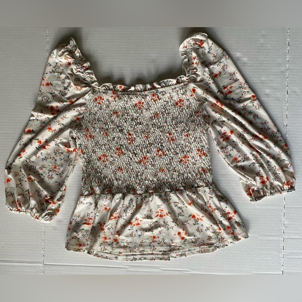 Pink Peony juniors XL off shoulder puff sleeve ditsy floral ruched crop top